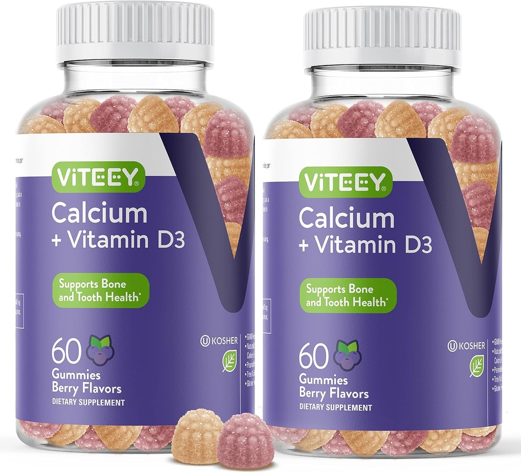 Ασβέστιο Gummies με βιταμίνη D3 - Υποστηρίζει την υγεία των οστών & την υγεία των δοντιών - Μασώμενο Ασβέστιο Gummies για γυναίκες, άνδρες & εφήβους - Kosher, χωρίς γλουτένη, GMO δωρεάν, νόστιμο μούρο Γεύση Ασβέστιο Chews Gummy