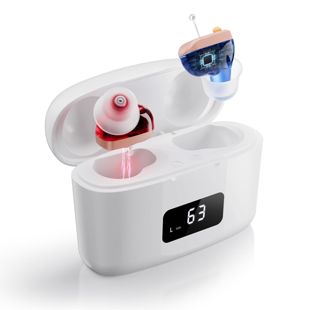 Βοηθήματα ακοής Επαναφορτιζόμενοι για ηλικιωμένους με Ανατροφοδότηση Ακύρωση & Μείωση θορύβου, Αόρατος Ενισχυτής Ακρόασης CIC, Άνετος για όλη την ημέρα Φορέστε, 26dB Κερδίστε, 3 Τρόποι με οθόνη LED