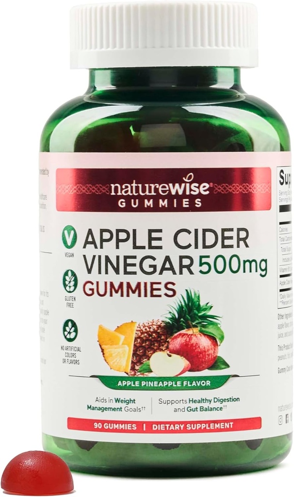 NatureWise Apple Cider Vinegar Gummies - 1000mg ACV ανά 2 + Βιταμίνη Β12 - Πηκτίνη με βάση Vegan, Gluten-free, Non-GMO -90 Count[45-Day Supply for 1000mg or 3-Months for 500mg]
