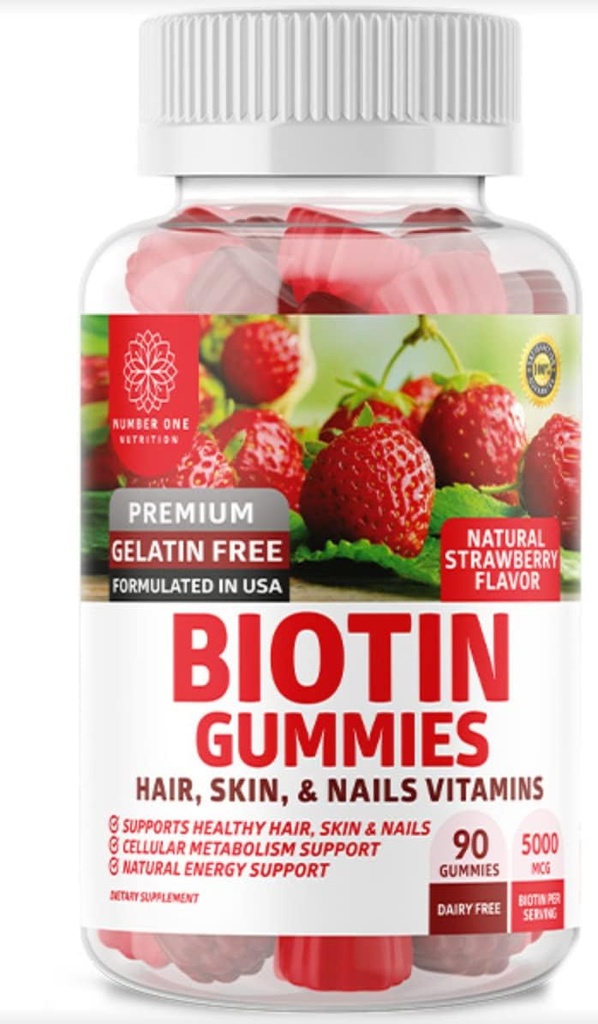 Number One Nutrition N1N Premium Biotin Gummies 5000mcg [Υψηλή Ικανότητα, 90 Gummies] για υγιή μαλλιά, δέρμα και νύχια για ενήλικες και παιδιά, Vegan, μη GMO, Pectin Based