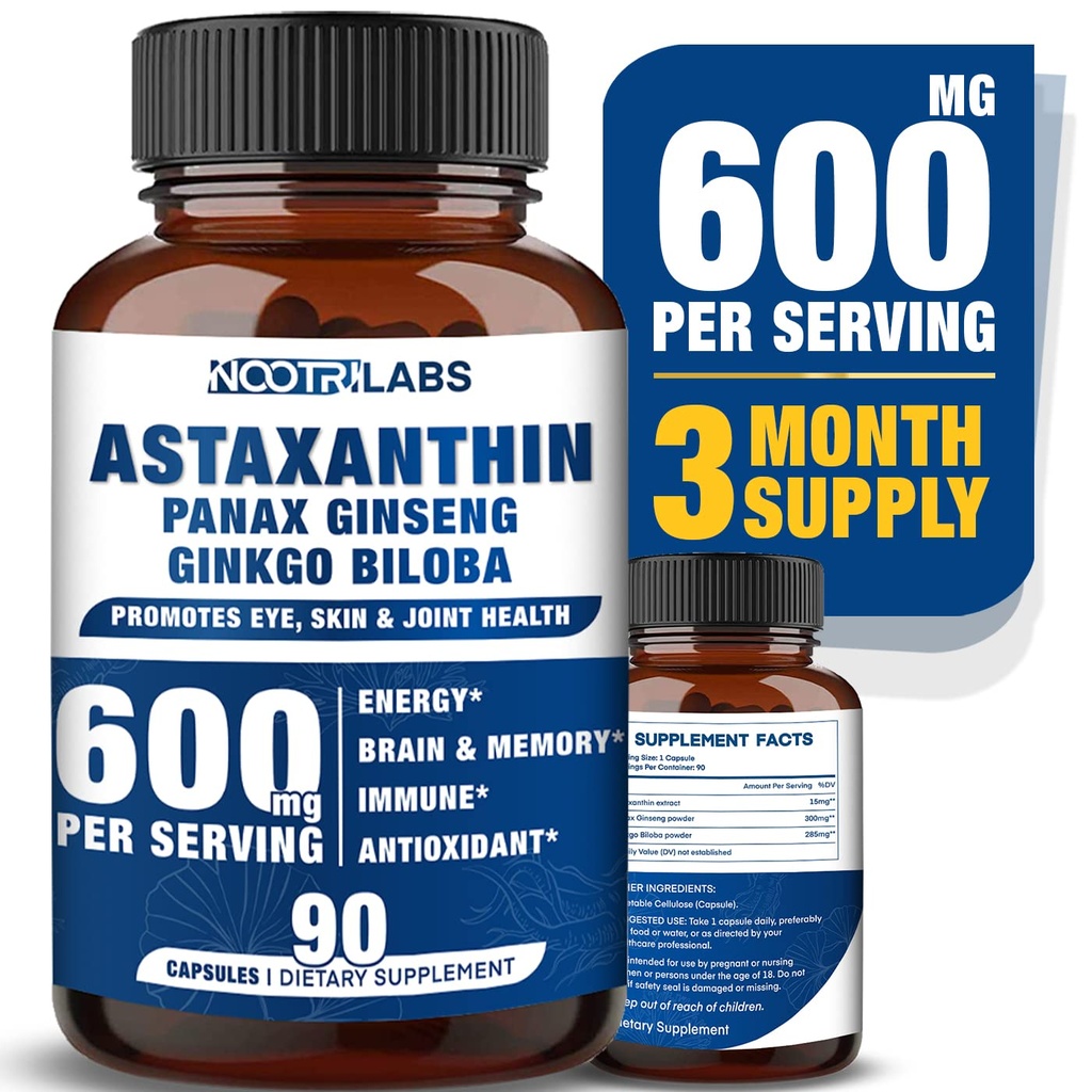 Ασταξανθίνη 15mg + Panax Ginseng, Ginkgo Biloba Συμπληρώματα, 90 Vegan Κάψουλες, Προωθεί την Ενέργεια για την Υγεία των ματιών, Καρδιαγγειακή Υποστήριξη + Ανοσολογική Άμυνα και Εστίαση