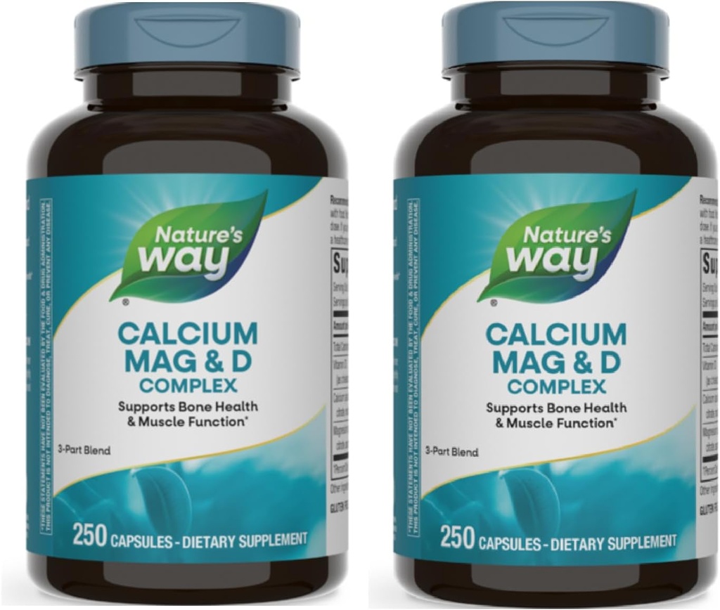 Nature's Way Calcium Magnesium & Vitamin D3 Complex, Healthy Bones & Teeth, Muscle Function and Relaxation*, Gluten Free, 250 Capsules (Packaging May Vary) - 2 Pack
