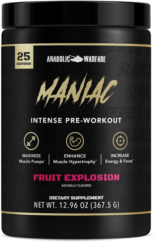 Αναβολικά Warfare μαύρη σειρά Maniac, πριν από την προπόνηση σκόνη, υποστηρίζει το οξείδιο του αζώτου, τις αντλίες μυών, και τη σύνθεση πρωτεϊνών* Fruit Explosion