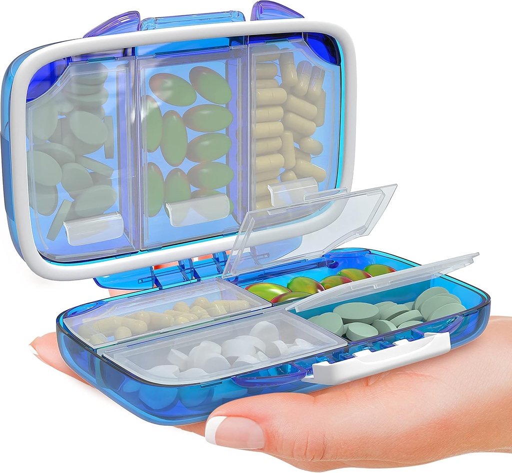 Travel Pill Organizer - Moisture Proof Φορητός κάτοχος βιταμίνης με 7 διαμερίσματα, Compact Case Συμπληρωματικό για Punce Essential Medicine Kit fot Ταξίδι Pocket Pharmacy με ετικέτες, μπλε