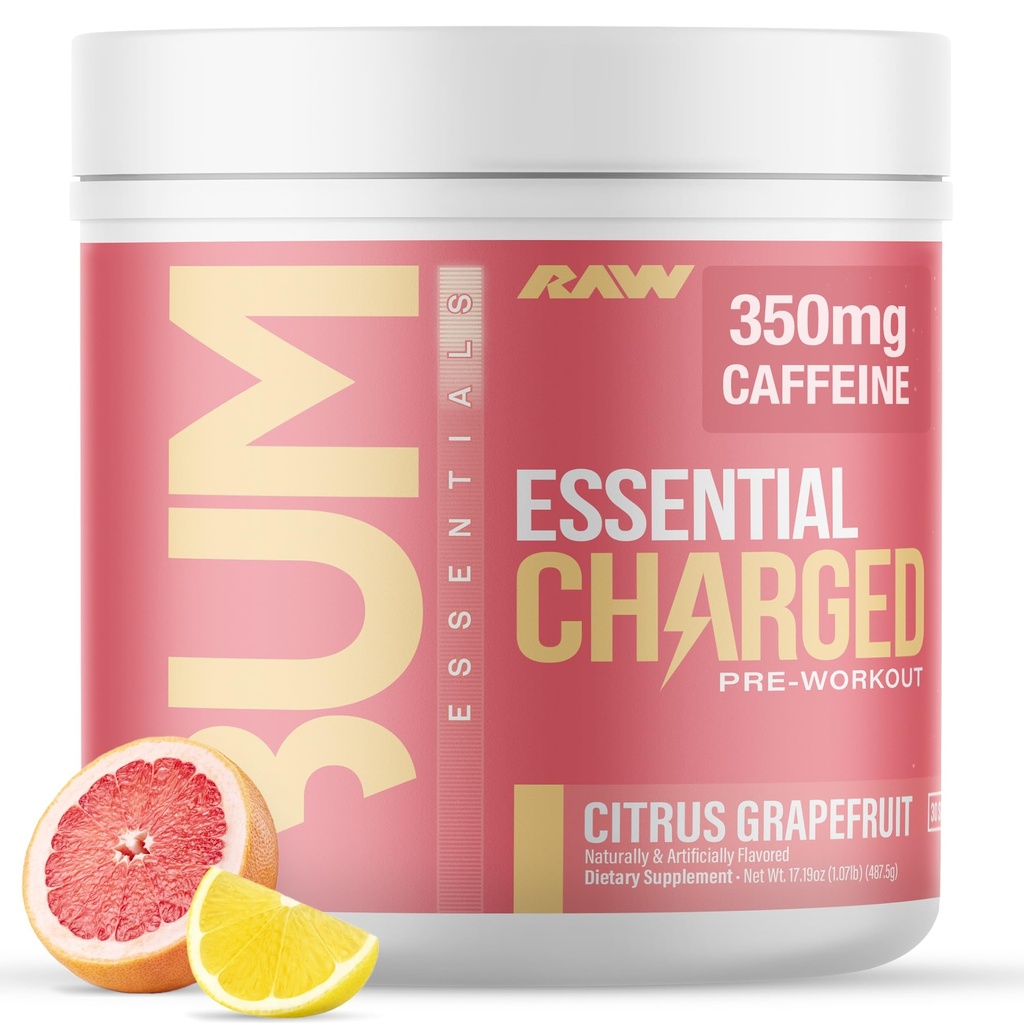 RAW Pro-Engageout Powder, Essential CHARGED (Citrus Grapefruit) - Preworkout Supplement for Men, Women - Υποστηρίζει Focus, Mood, Performance - Καφεΐνη, Alpha-GPC, L-Citrulline, Beta Alanine (25 Services)