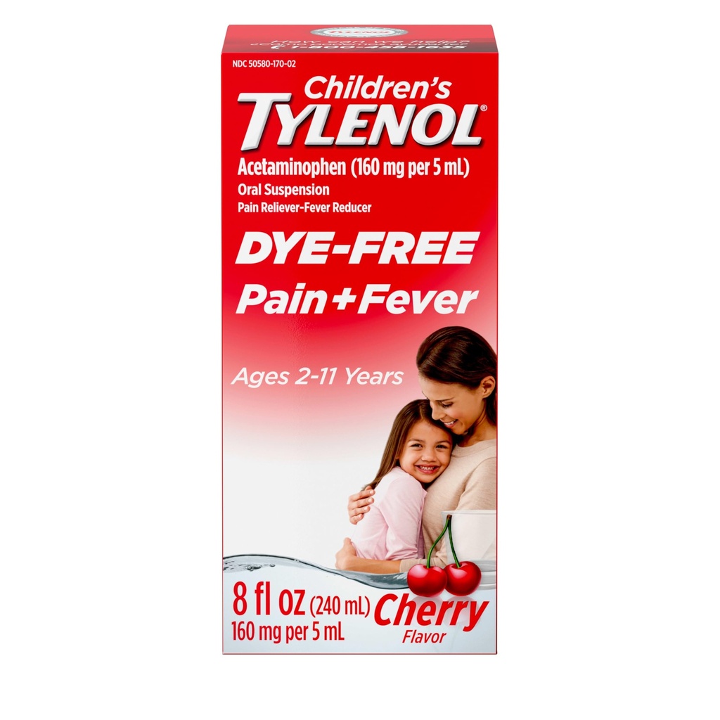 Παιδική Tylenol Liquid Pain Relief & Fever Medicine, στοματική αναστολή, Dye-free, Acetaminophen, No Aspirin, No Ibuprofen, No High Fructose Corn Syrup; Cherry Flavor, 8 fl. oz.; Συσκευασία των 1
