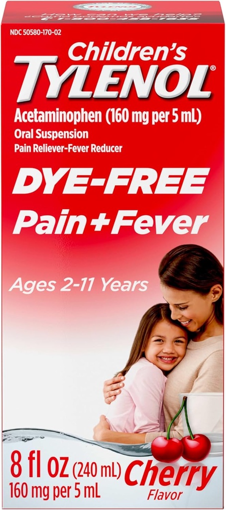 Παιδική Tylenol Liquid Pain Relief & Fever Medicine, στοματική αναστολή, Dye-free, Acetaminophen, No Aspirin, No Ibuprofen, No High Fructose Corn Syrup; Cherry Flavor, 8 fl. oz.; Συσκευασία των 1