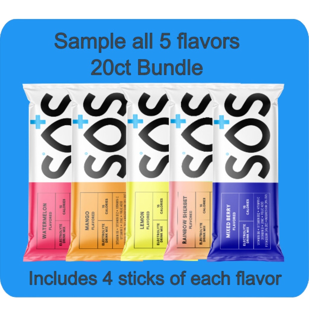 SOS Hydration, Ηλεκτρολυτές Powder Packets – Χαμηλή Κάλορη, Χαμηλή Ζάχαρη, Ταχεία ενυδάτωση, Made in USA, Keto & Vegan Friendly 5-Flavor Variety Pack, 20 Sticks
