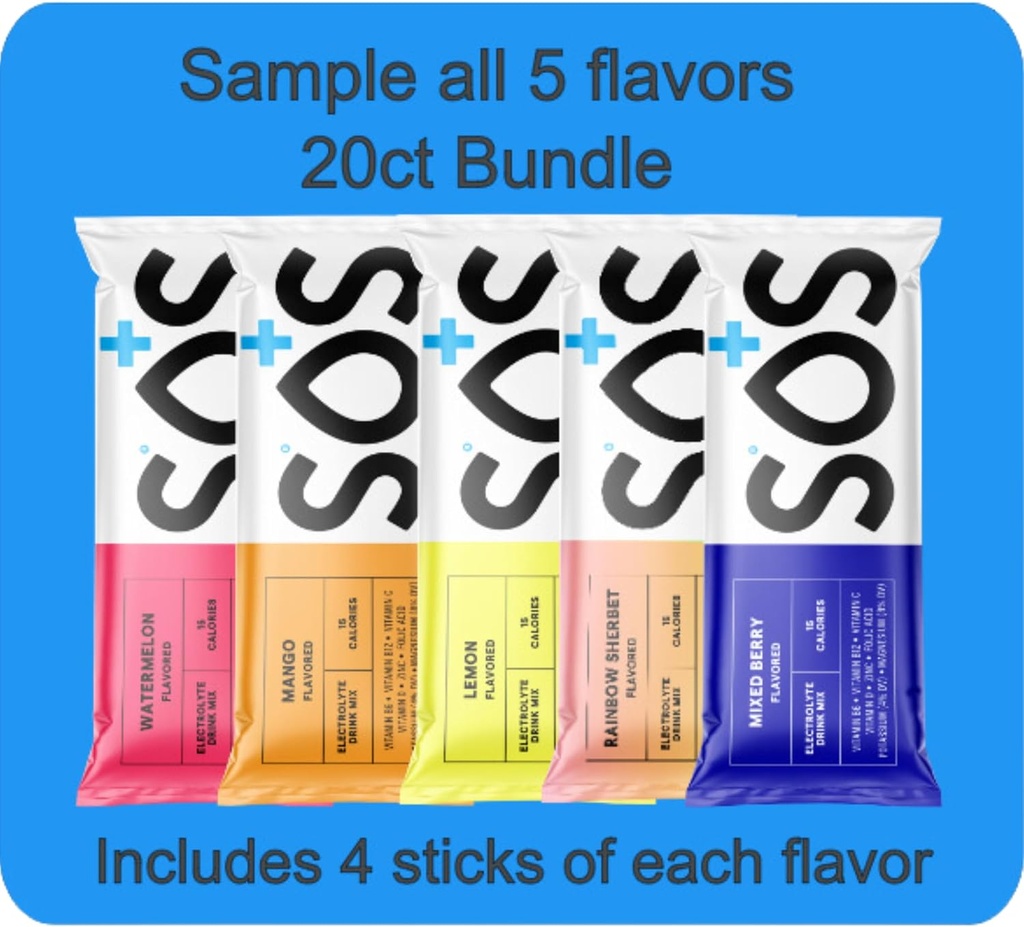 SOS Hydration, Ηλεκτρολυτές Powder Packets – Χαμηλή Κάλορη, Χαμηλή Ζάχαρη, Ταχεία ενυδάτωση, Made in USA, Keto & Vegan Friendly 5-Flavor Variety Pack, 20 Sticks