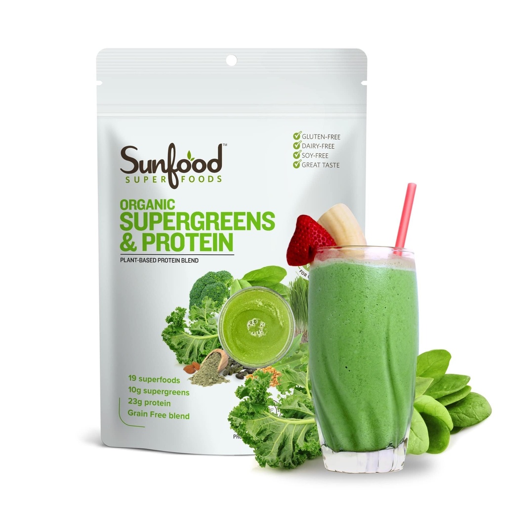 Sunfood Organic Supergreens & Protein - Πράσινα Superfood Powder, Organic Protein Powder, φυτικής προέλευσης Vegan Protein, Super Greens for Gut Health w/Chlorella & Spirulina, 23g Protein Per Serving - 8 oz