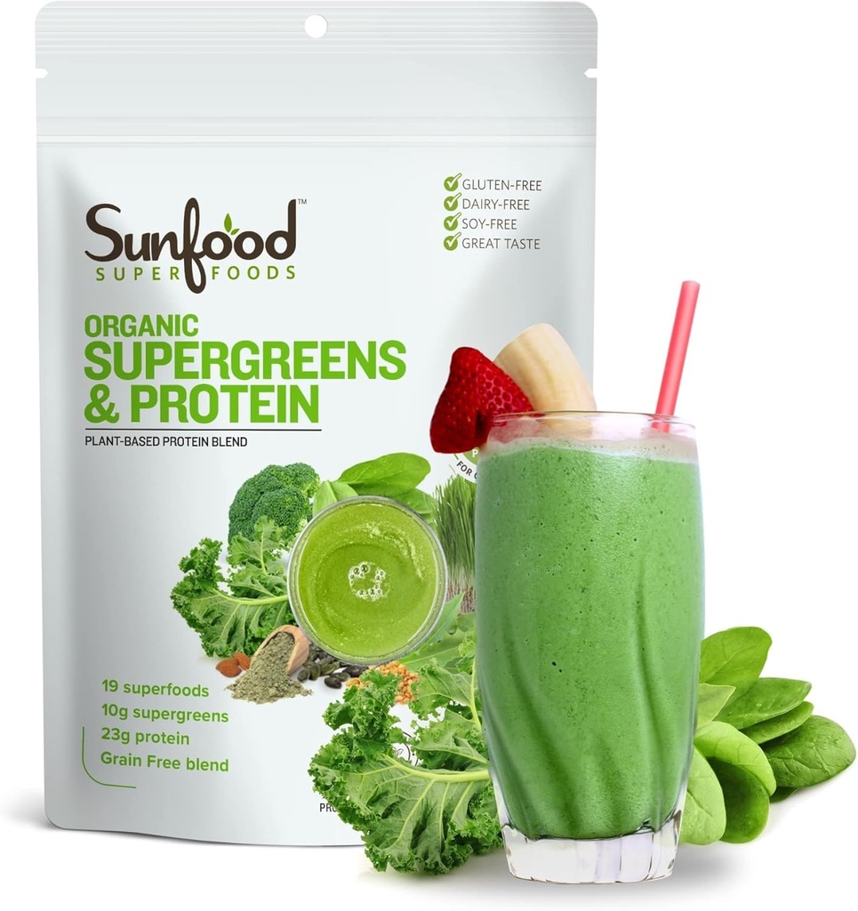Sunfood Organic Supergreens & Protein - Πράσινα Superfood Powder, Organic Protein Powder, φυτικής προέλευσης Vegan Protein, Super Greens for Gut Health w/Chlorella & Spirulina, 23g Protein Per Serving - 8 oz