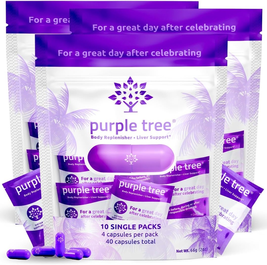 Purple Tree Post-Celebration Wellness | Liver Support, Hydration & Replenisher | Dihydromyricetin DHM, Milk Thistle, Electrolytes, Vitamins | Bachelorette & Bachelor Party Kits, 30 Packets (120 pills)