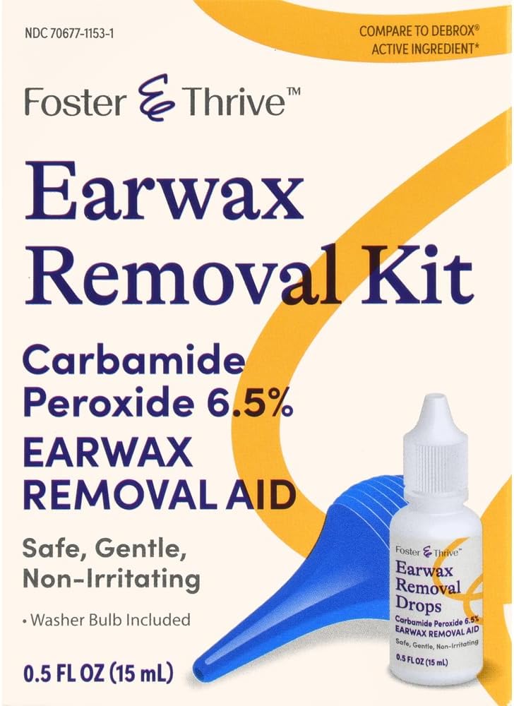 Foster & Thrive Earwax Κιτ αφαίρεσης, Softens & Loosens Expers Earwax, Ασφαλές, Απαλό και Μη Ερεθιστικό, Καρβαμίδη Υπεροξείδιο 6,5%, Περιλαμβάνει σταγόνες και βολβοί σύριγγας αυτιού, 0.5 Oz