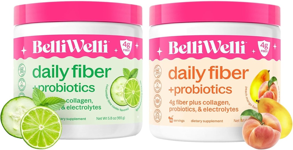 Daily Fiber Supplement Bundle with Collagen, Probiotics, Electrolytes & Hydration Support - Αγγούρι Lime Mint & Peach Mango Flavors - Προάγει Digestive, Skin Health, Gut Balance - 32 Υπηρεσίες