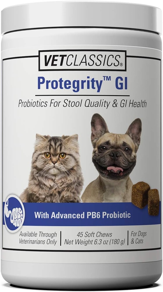 Vet Classics Protegrity GI Probiotics for Dogs & Cats for Stool Quality & Γαστρεντερική Υγεία, Υποστηρίζει GI Υγεία στο Στρες & Ανισόρροπα, 45 Μαλακά Μασούρια