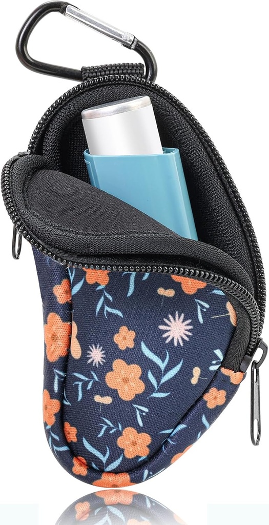 Asthma Inhaler Carrying Holder Neoprene Travel Inhaler Mini Bag for L-Shaped Inhaler, Inhaler Not Included (Blue, Flower)