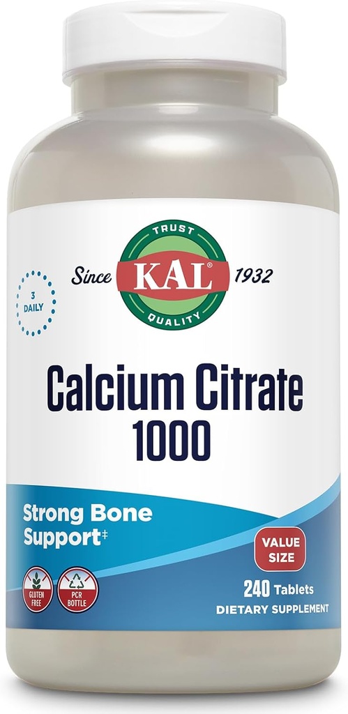 KAL Ασβέστιο Κιτρικό 1000mg, Συμπληρώματα ασβεστίου για γυναίκες και άνδρες, Υγεία των οστών, Δόντια, Νευρικό, Μυϊκό & Καρδιαγγειακό Σύστημα Υποστήριξη, Χωρίς γλουτένη και Εργαστήριο Επαληθευμένο, 80 Σερβιέτες, 240 Δισκία