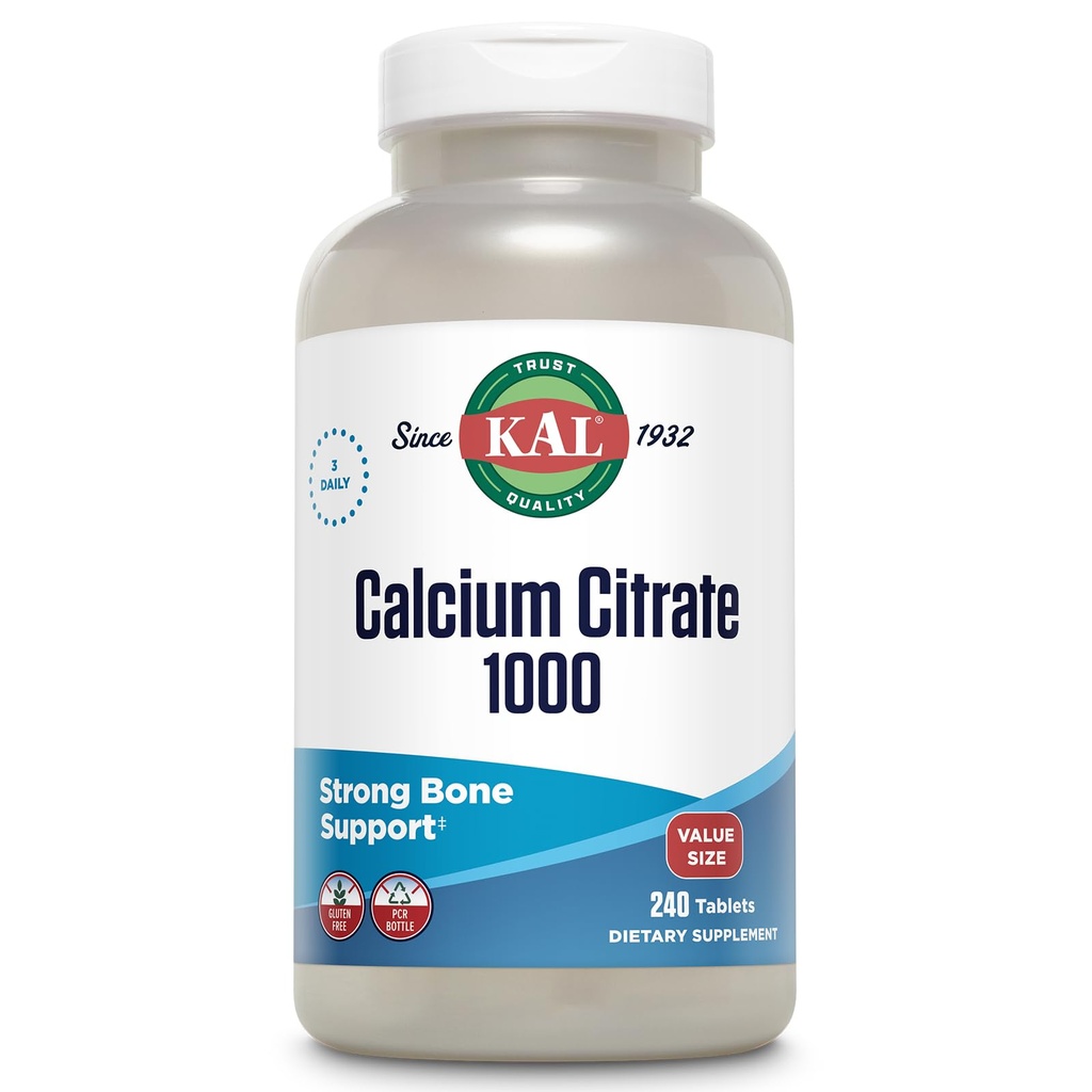 KAL Ασβέστιο Κιτρικό 1000mg, Συμπληρώματα ασβεστίου για γυναίκες και άνδρες, Υγεία των οστών, Δόντια, Νευρικό, Μυϊκό & Καρδιαγγειακό Σύστημα Υποστήριξη, Χωρίς γλουτένη και Εργαστήριο Επαληθευμένο, 80 Σερβιέτες, 240 Δισκία