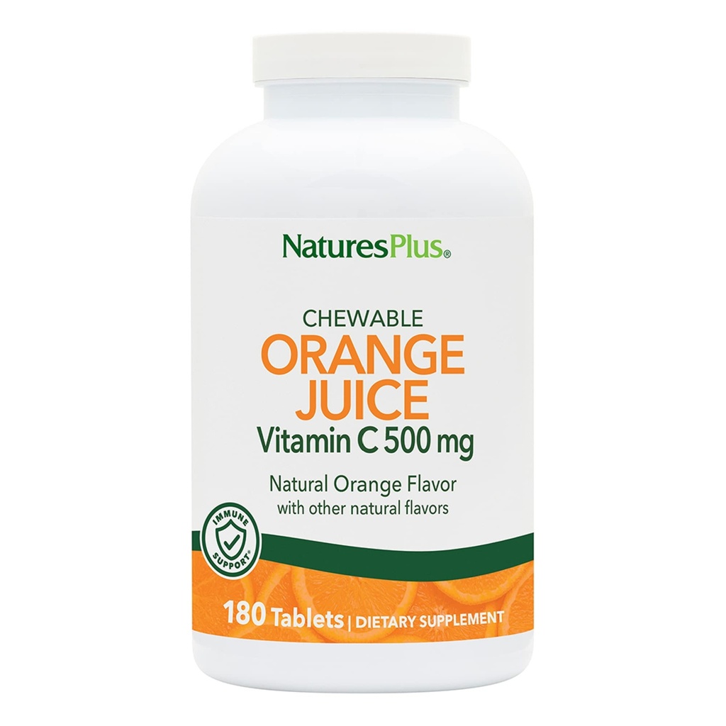 NaturesPlus Πορτοκαλί Χυμός Μασώμενη Βιταμίνη C - 500 mg, 180 δισκία - Συμπλήρωμα Υποστήριξης Ανοσοποιητικού Υψηλής Ικανότητας, Αντιοξειδωτικό - Απαλό Στομάχι - Χορτοφαγική, Χωρίς Γλουτένη - 180 Σερβιέτες