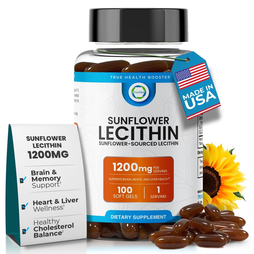 Organic Sunflower Lecithin 1200mg – Soy-Free Lecithin Supplement for Brain, Heart, Nerve & Liver Support, Cognitive Health, Non-GMO – 100 Softgels (Made in USA)