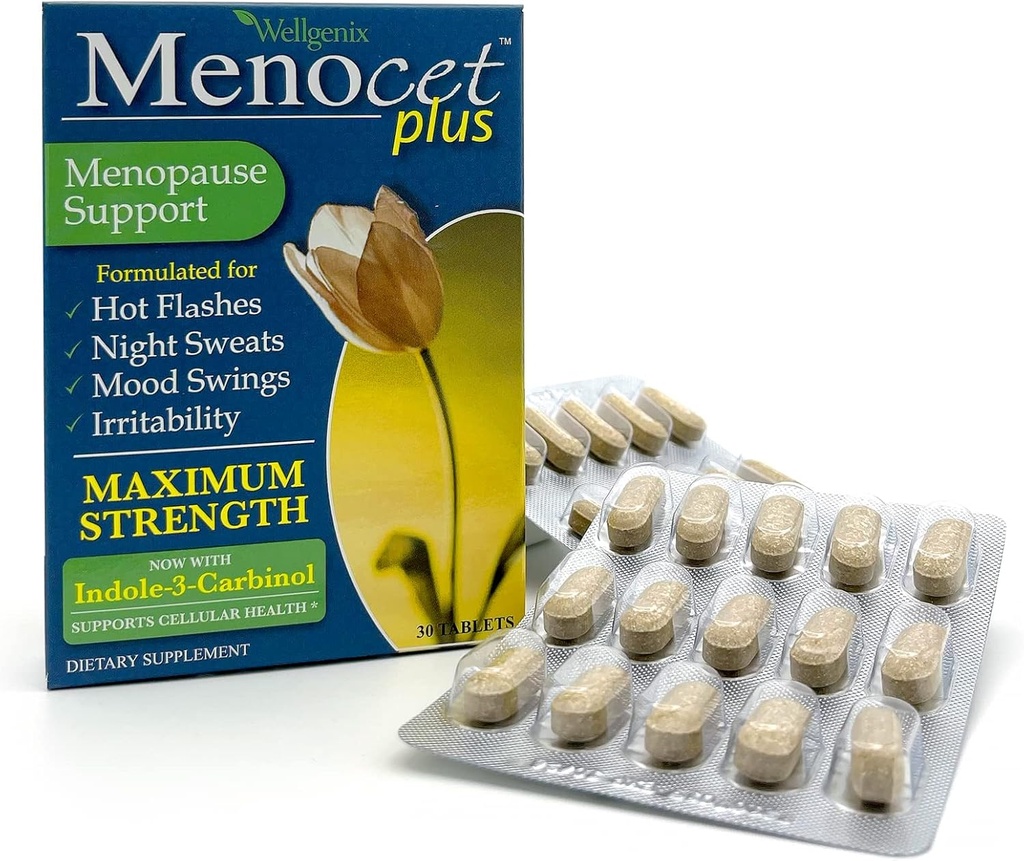Wellgenix Menocet Plus Εμμηνόπαυση Υποστήριξη - Φυσικό συμπλήρωμα για τις γυναίκες - Καθημερινή ανακούφιση Feminine Care - Βοηθά με Hot Flashes, Νυχτερινές Ιδρώσεις, Mood Swings & Ευερεθιστότητα - 30 Tablets