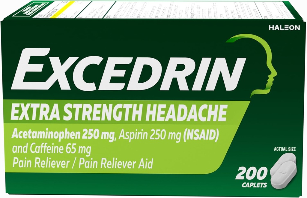 Excedrin Extra Strength Pain Relief Caplets for Monanus Relief, Acetaminophen 250mg, Aspirin 250mg, Caffeine 65mg, Pain Reliever, 200 Count