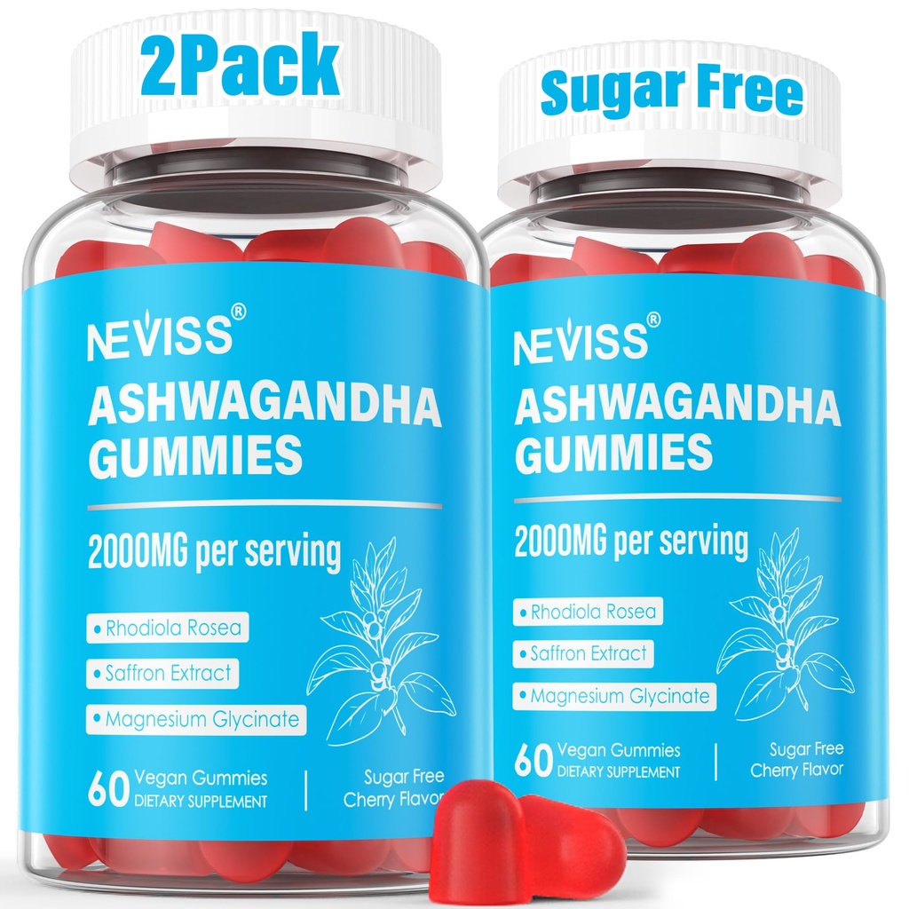 Ashwagandha Gummies, Magnesium Glycinate Gummies 2000mg for Adults, Vitamin B6, Zinc, Rhodiola Rosea, Lemon Balm, Relaxation Support, Natural Zzz, Brain, Muscle, Stamina, Energy, Sugar Free