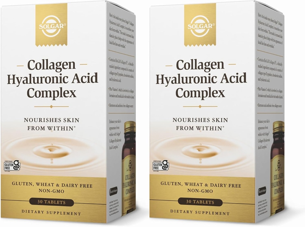SOLGAR Collagen Hyaluronic Acid Complex - 30 δισκία, Συσκευασία των 2 - Μη ΓΤΟ, Χωρίς γλουτένη, Χωρίς γαλακτοκομικά - 60 συνολικές μερίδες