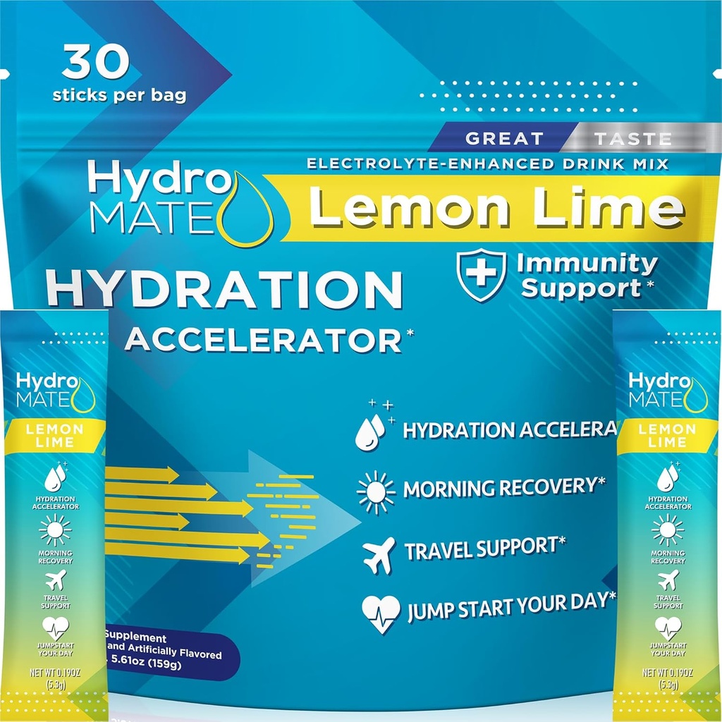 HydroMATE Ηλεκτρολύτης σκόνη Λεμόνι Lime Hydration Packets χαμηλή ζάχαρη 30 Count