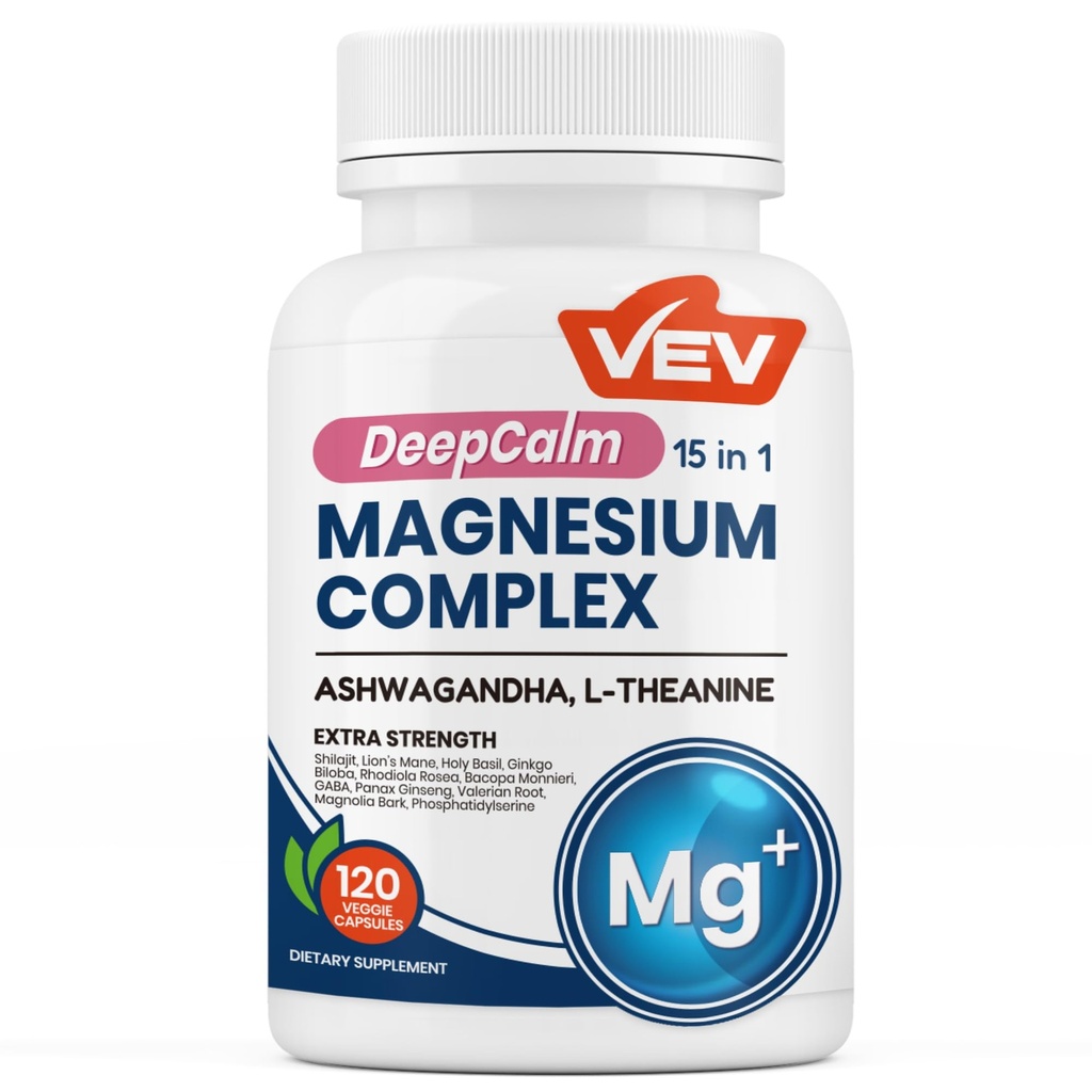VEV DeepCalm 15 σε 1 Μαγνήσιο Γλυκινικό & συμπλέγματος κιτρικού συμπλέγματος κάψουλες, Cortisol συμπληρώματα για τις γυναίκες – Εύκολο στη λήψη Formula με Ashwagandha & L-Θεανίνη, 120 Vegan Κάψουλες