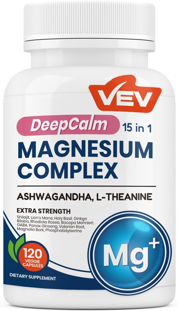 VEV DeepCalm 15 in 1 Magnesium Glycinate & Citrate Complex Capsules, Cortisol Supplements for Women – Easy to take Formula with Ashwagandha & L-Theanine, 120 Vegan Capsules