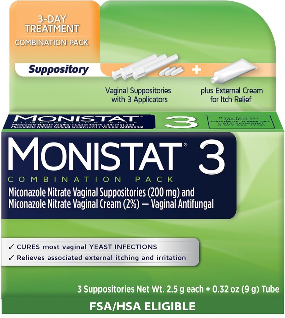 Monistat 3-Day Yeast Infection Treatment for Women, 3 Miconazole Vaginal Suppositories & External Itch Relief Cream (9g Tube) Combo Pack