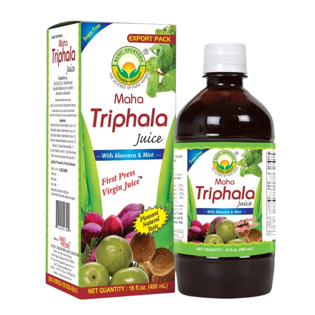 Basic Ayurveda Maha Triphala Juice with Aloe Vera & Mint – 16 Fl Oz (480ml) 