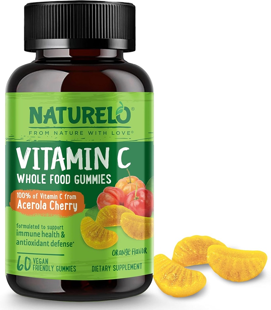 NATURELO Ολόκληρα τρόφιμα Βιταμίνη C Gummies, Βιταμίνη C από Acerola Cherry, Φυτικό συμπλήρωμα, 60 Vegan-Friendly Gummies