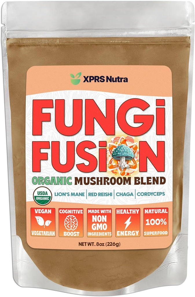 XPRS Nutra Fungi Fusion Βιολογικό μείγμα σκόνης μανιταριών, Premium μείγμα χαίτη του λιονταριού, Reishi, Chaga, Cordyceps για τη διανοητική καθαρότητα, τη γνώση, την ενέργεια και την ασυλία - 8 Ουγγιά