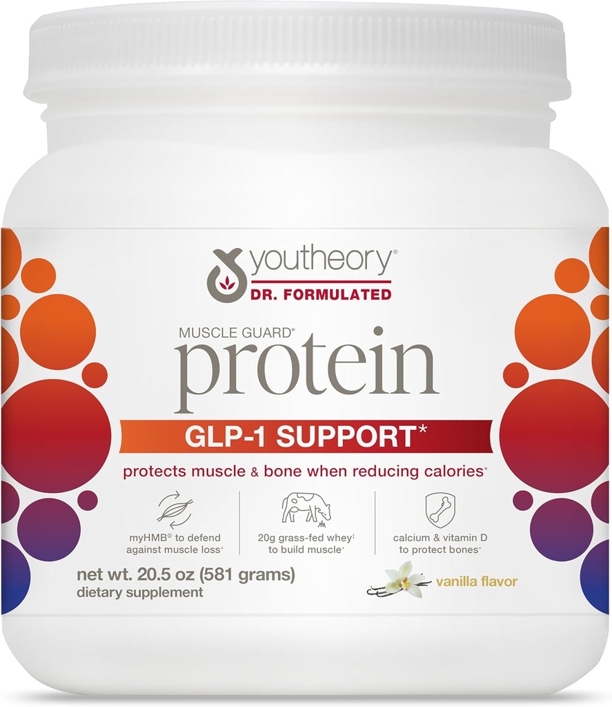Youtheory Muscle Guard Protein GLP-1 Support - Whey Protein Powder Supplement - for GLP-1 Users - Supports Muscle & Bone - with myHMB, Calcium & Vitamin D - 20.5 oz Powder