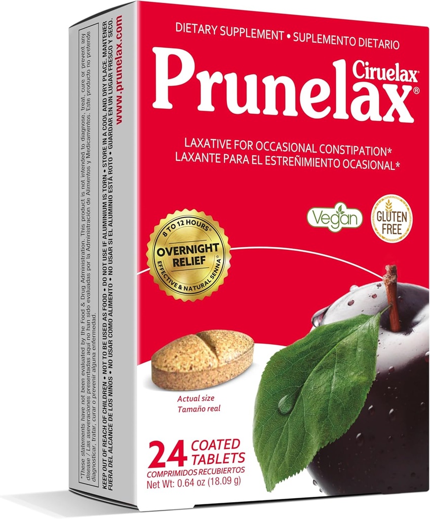 Prunelax Ciruelax Laxative Tablets Τακτικής Δύναμης - Διανυκτέρευση Ανακούφιση για Περιστασιακή Δυσκοιλιότητα, Senna Extract, Vegan & Gluten-free, Fast-Active Gentle Relief - 24ct