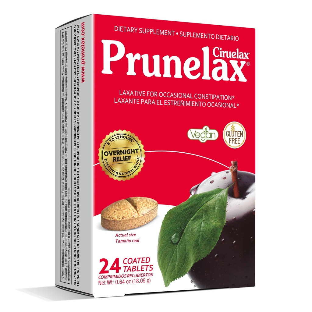 Prunelax Ciruelax Laxative Tablets Τακτικής Δύναμης - Διανυκτέρευση Ανακούφιση για Περιστασιακή Δυσκοιλιότητα, Senna Extract, Vegan & Gluten-free, Fast-Active Gentle Relief - 24ct