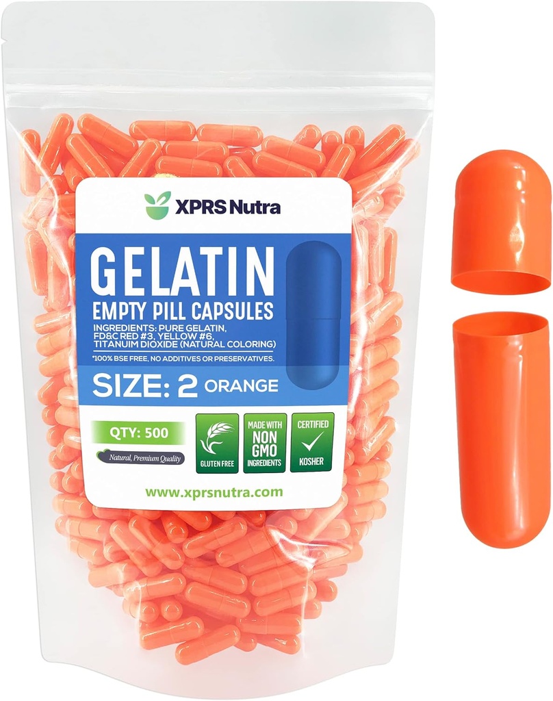 XPRS Nutra Size 2 Empty Capses - 500 Count Empty Gelatin Κάψουλες - Χάπια DIY Καψάκιο Γέμισμα - Καθαρά Καπάκια τζελ Μπόβιν Χάπια για Συμπληρώματα Do-It-Yourself (Orange)
