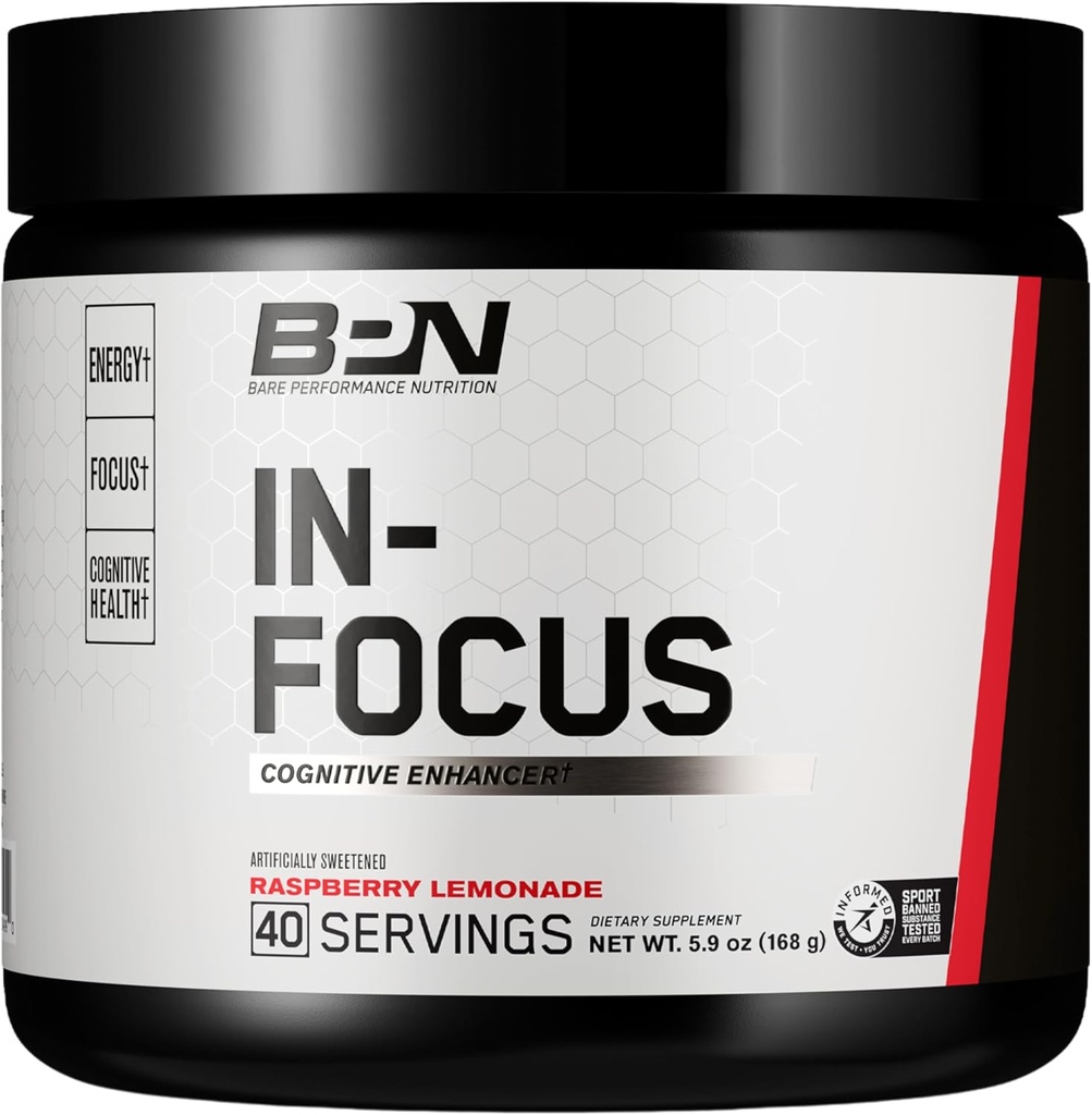 BARE PERFORMANCE NUTRITION, BPN in-Focus συμπλήρωμα υποστήριξης εγκεφάλου, βελτίωση εστίασης & ενέργειας, Alpha GPC, λεμονάδα σμέουρων, 40 εξυπηρετούν