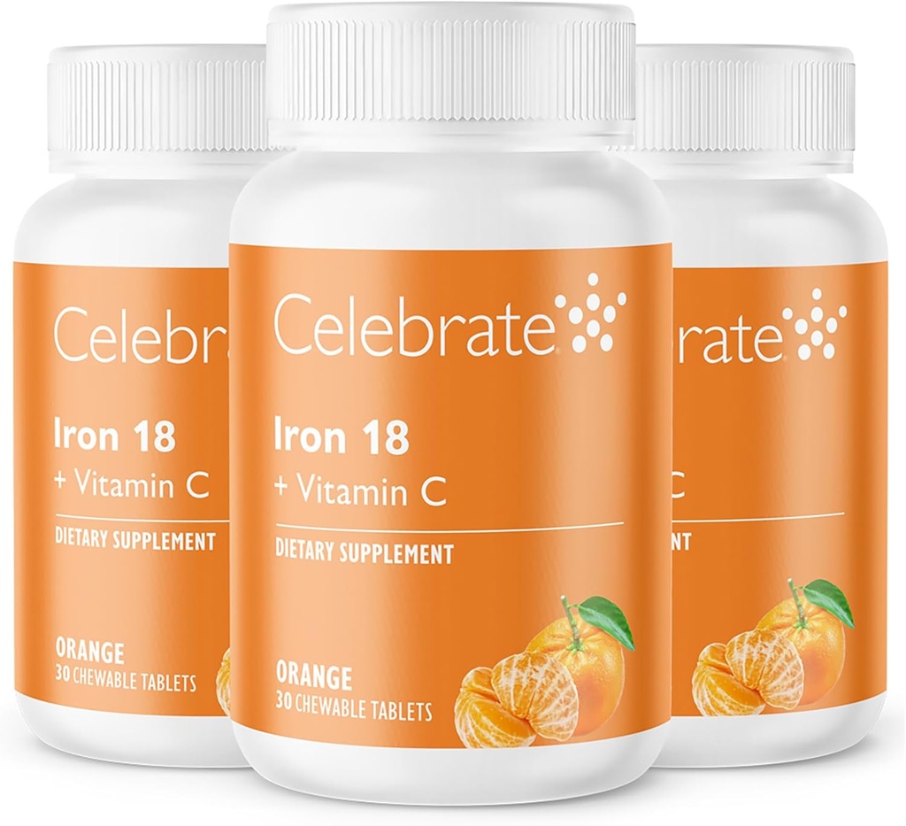 Celebrate Vitamins Iron Supplement with Vitamin C - 18mg Iron, 36mg Vitamin C, Bariatric Vitamins for WLS Patients, Vertical Sleeve & Gastric Bypass Surgery – Tangerine, 90 Chewable Tablets