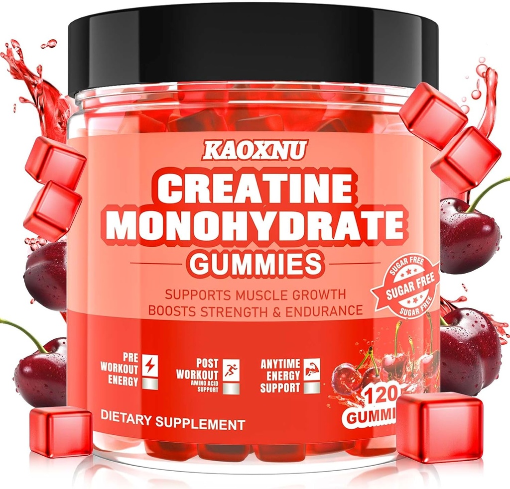 Creatine Monohydrate Gummies 5600mg για άνδρες και γυναίκες, 120 CT Chewable Creatine Gummies για μυϊκή υποστήριξη, Energy Boost, 5,6g Creatine Monohydrate per Serving - Χωρίς ζάχαρη, Vegan (Cherry Flavor)