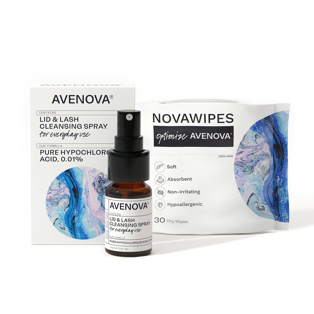 Avenova eyelid και eyelash Cleanser Spray με 30 στεγνά μαντηλάκια - Απαλά καθημερινά Hypochlorus Acid Lid και Lash Cleansing Spray για καθαρότερα και πιο υγιή μάτια, 20mL