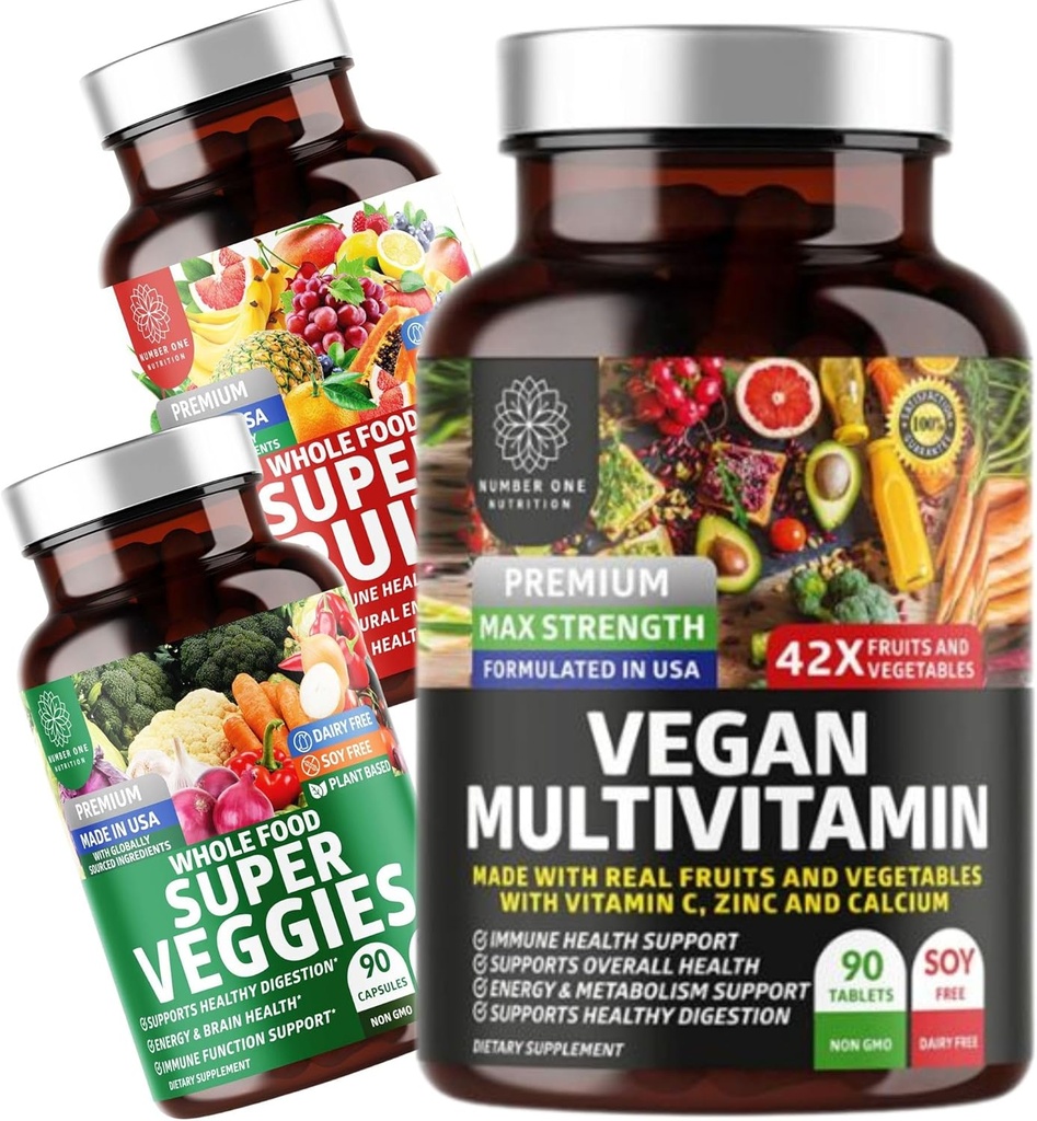 Number One Nutrition N1N Premium Super Fruits & Veggies Supplement [40 Whole Foods] and Vegan Multivitamin [86 Ingredients, Plant-Based], 2 Pack Bundle
