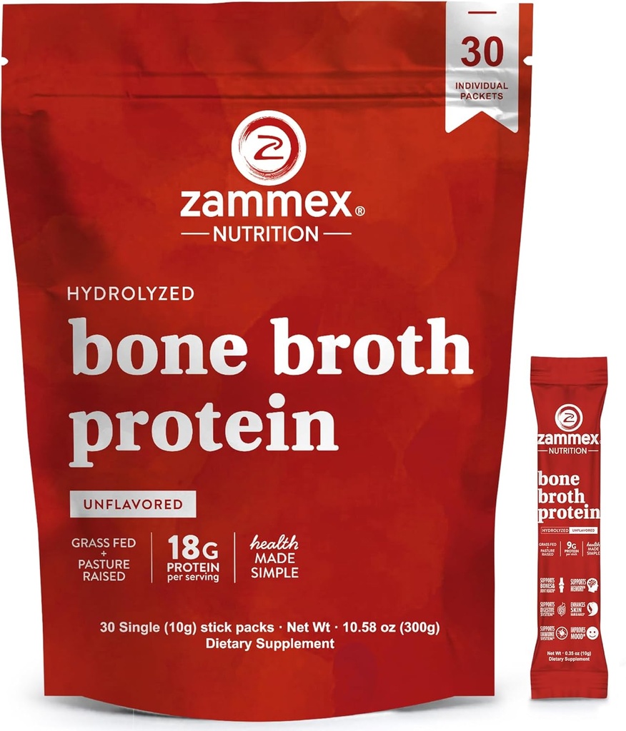 Zammex Broth των οστών Collagen Packets-20g Collagen Protein-Bone Broth Powder to Go-30 Travel Packets-Supports Δερμάτινα νύχια αρθρώσεις, Gut Health 