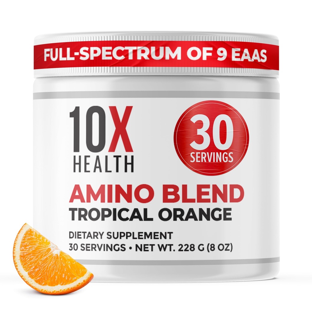 10X Υγεία Αμινοξέα - 30 Υπηρεσίες της EAA & BCAA σκόνη, Προ προπόνηση BCAA με Essential Amino Acids συμπλήρωμα - BCAAs & EAAs για μακροζωία, υποστήριξη μυών, δύναμη, ενέργεια - Τροπικό πορτοκάλι