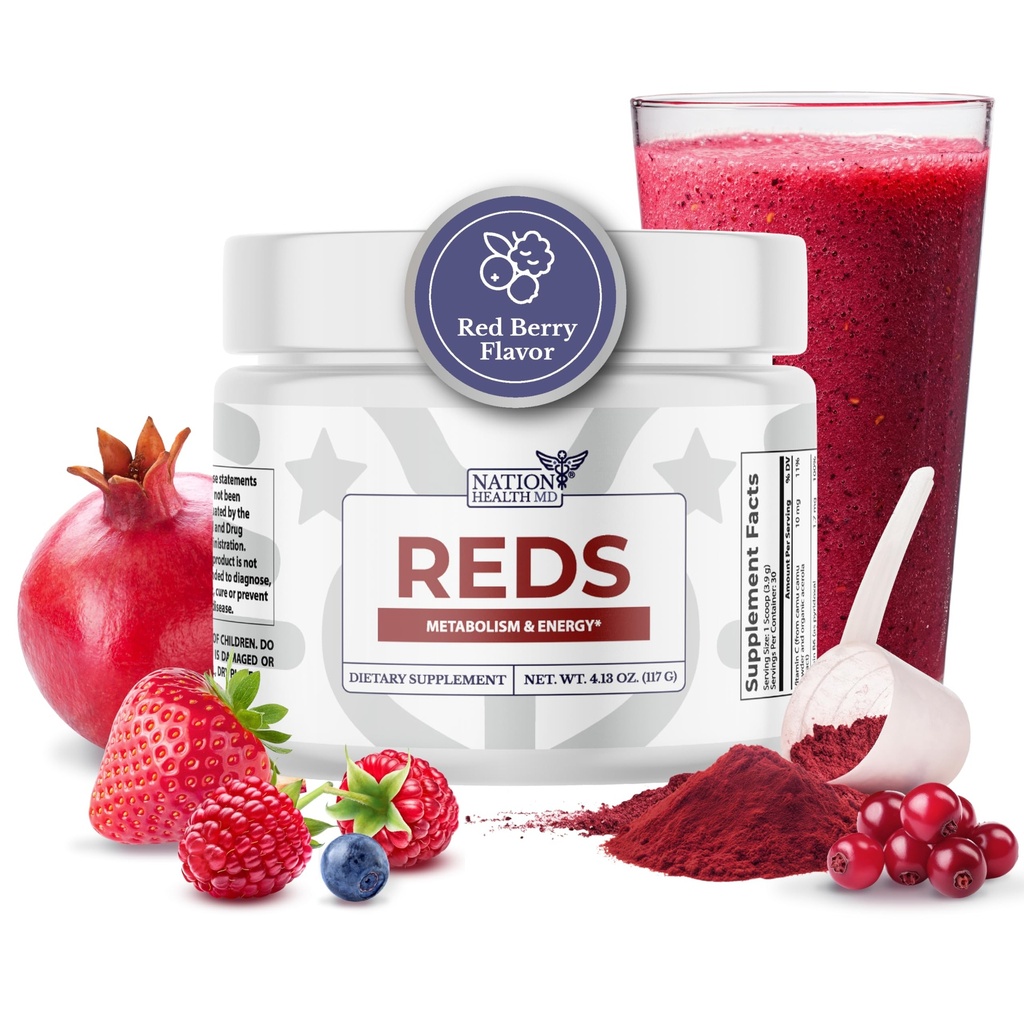 Reds - Super Reds Σκόνη με 39 Superfoods, Antioxidant-Rich Red Powder Superfood, Probiotics & Digestive Ένζυμα για την Ενέργεια, Μεταβολισμός & Υγεία των Ούλων - Red Berry Flavor