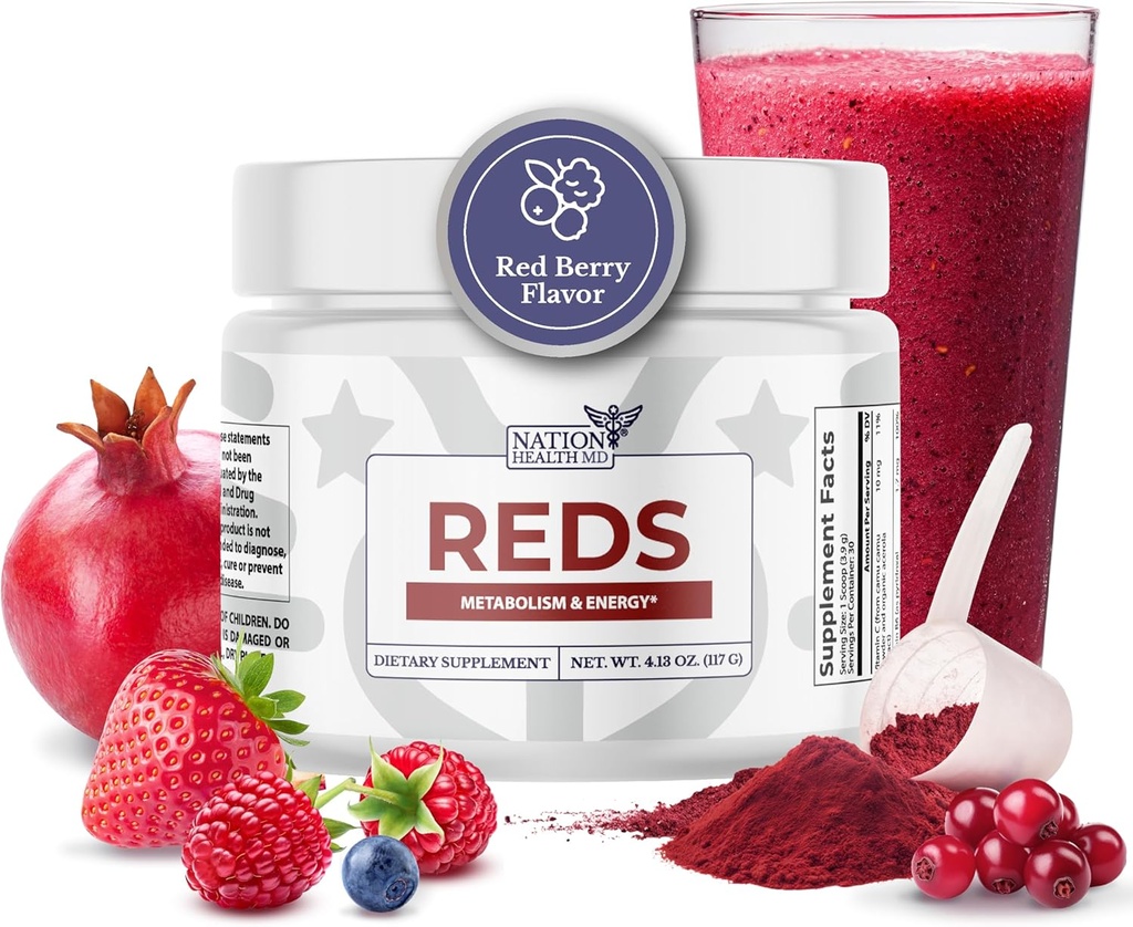 Reds - Super Reds Σκόνη με 39 Superfoods, Antioxidant-Rich Red Powder Superfood, Probiotics & Digestive Ένζυμα για την Ενέργεια, Μεταβολισμός & Υγεία των Ούλων - Red Berry Flavor