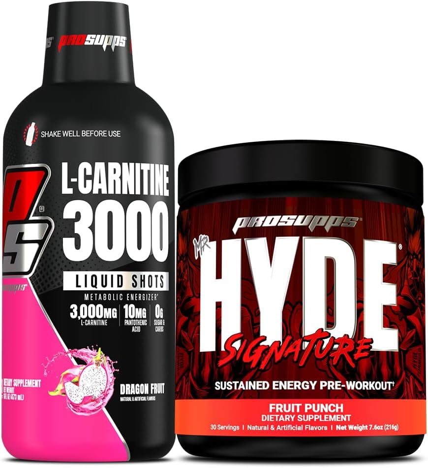 PROSUPPS L-Carnitine 3000 Διεγερτικές Δωρεάν Υγρές Σφηνές (Dragon Fruit) και ο κ. Hyde Signature Series Pre-Workout Ενεργειακό Ποτό σε σκόνη (Fruit Punch) Bundle