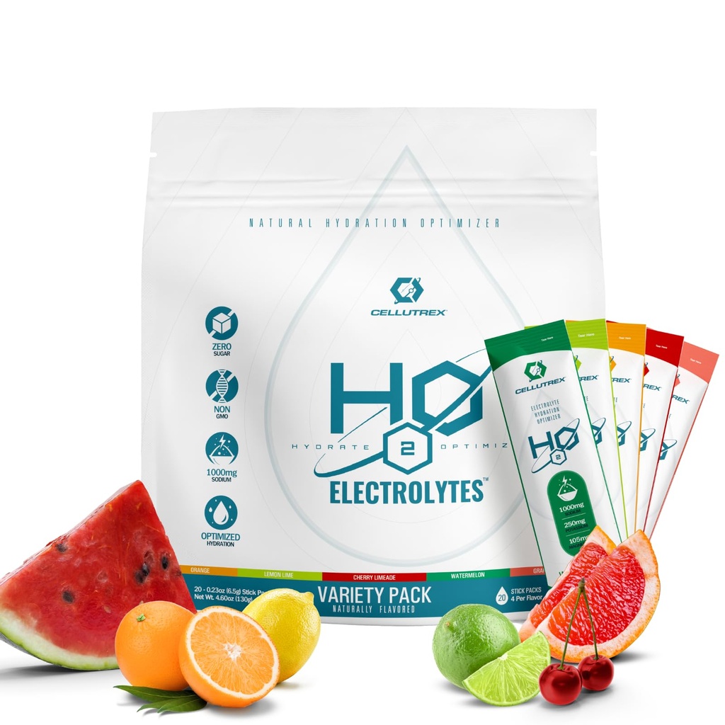 Cellutrex® H2O Electrolytes – Ηλεκτρολυτικοί Powder Mix, Zero Sugar, Natural Salt Hydration Packets για την αποκατάσταση και την ευεξία, Variety Pack, 20 Sticks
